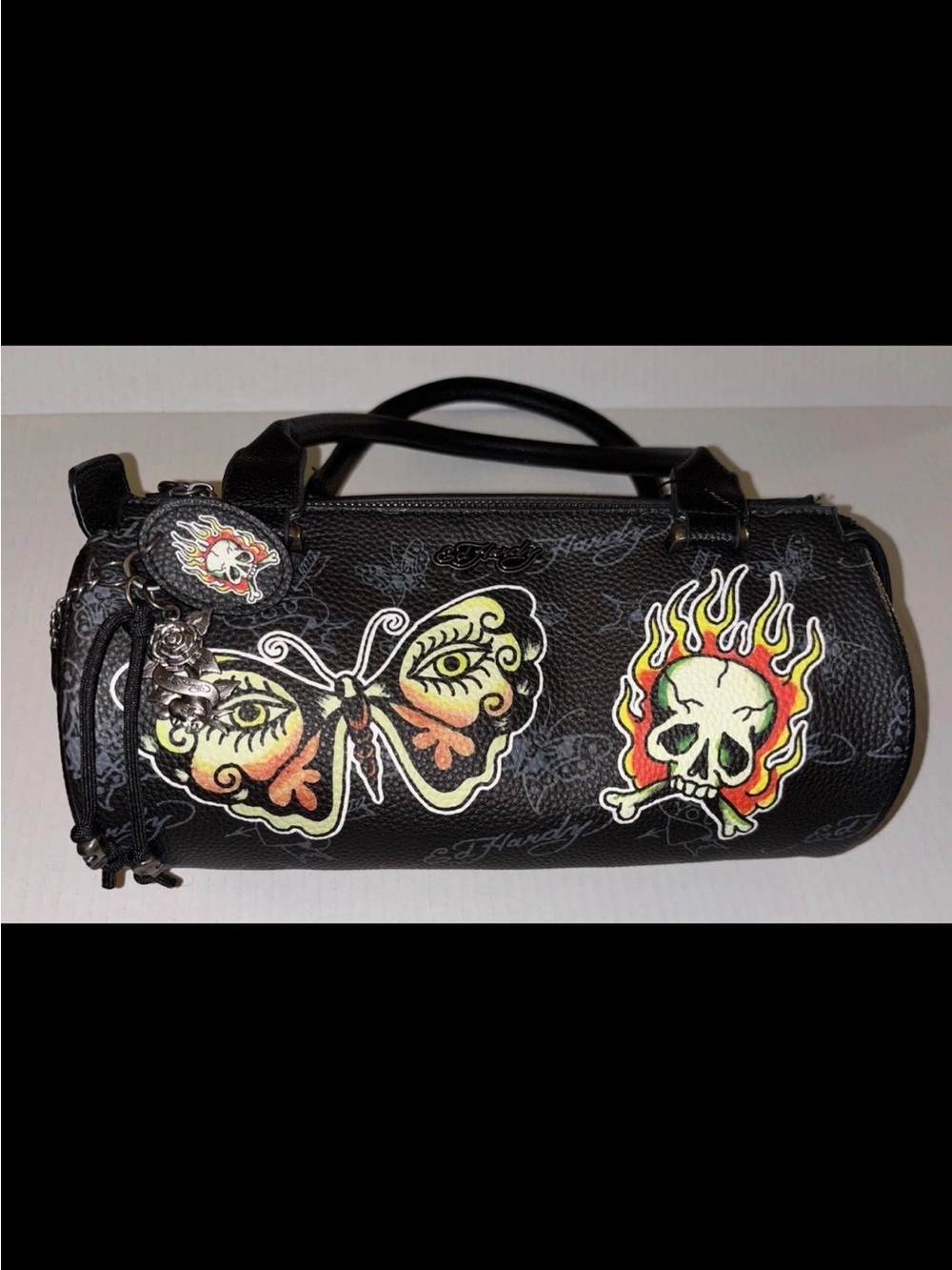 Ed Hardy Black Mini Barrel Satchel with Tattoo Butterfly & Flaming Skull